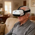 VR cognitive therapy for dementia at home 5 Elderly man using virtual reality headset.