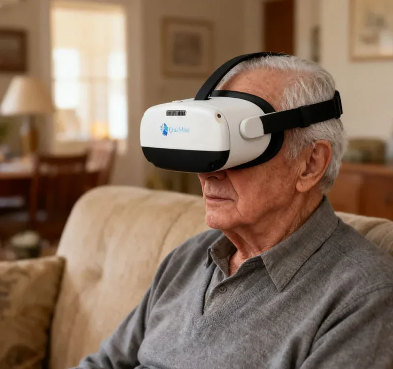 Elderly man using virtual reality headset.