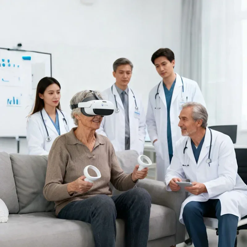 Elderly woman using virtual reality headset.